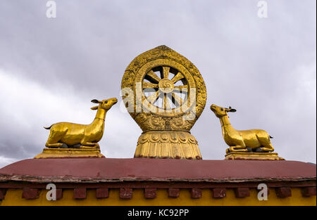 Rooftop Dharma wheel in Jokhang temple - Lhasa, Tibet Stock Photo