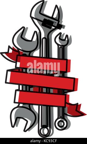 spanner tools with decorative red ribbon around in watercolor silhouette Stock Vector