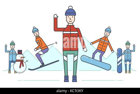 Vector illustration of the winter mountain kinds of sport activity on mountains background. Winter activities and recreation topic. Stock Vector