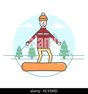 Vector illustration of the man riding a snowboard on snowy mountains and fir trees background. Winter sport topic. Stock Vector