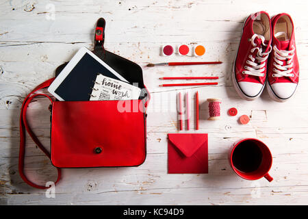 Studio shot of pink school supplies stock photo