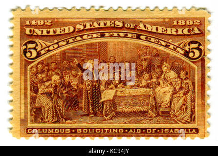 GOMEL, BELARUS, 22 MARCH 2017, Stamp printed in USA shows image of the Columbus soliciting aid of Isabella, circa 1892. Stock Photo