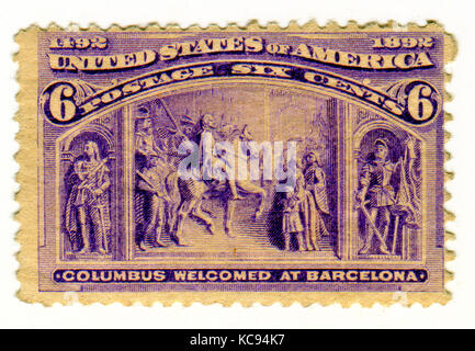 GOMEL, BELARUS, 22 MARCH 2017, Stamp printed in USA shows image of the Columbus welcomed at Barcelona, circa 1892. Stock Photo