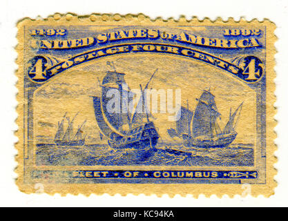 GOMEL, BELARUS, 22 MARCH 2017, Stamp printed in USA shows image of the Fleet of Columbus, circa 1892. Stock Photo
