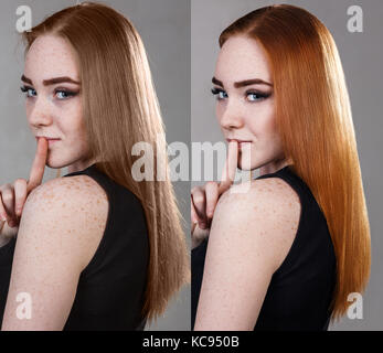 Hair before and after dyeing and treatment. Stock Photo