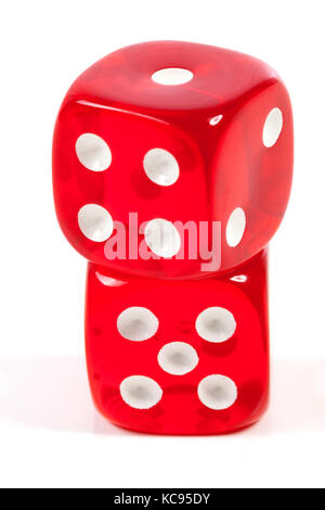 Pair of two Red dice towe isolated on white background Stock Photo