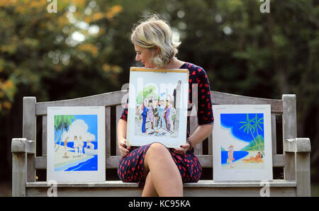 Auctioneer Catherine Southon holds examples from the Smilby cartoon collection, including works that appeared in Playboy, at the Ripley Arts Centre, Bromley, ahead of their auction next month. Stock Photo