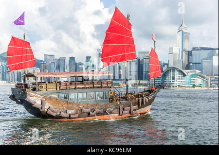 Iconic Aqualuna ship with bright red sails in Victoria Harbor in Hong Kong SAR Stock Photo