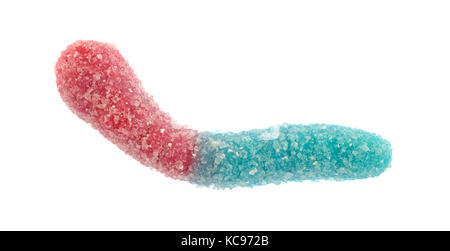 A sugar coated sour tasting red and blue gummy worm isolated on a white background. Stock Photo