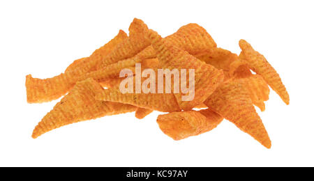 A serving of cheese flavored cone shaped corn chips isolated on a white background. Stock Photo