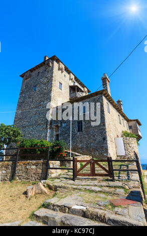 Old tower on coast (Ouranoupoli, Chalcidice, Greece). Stock Photo