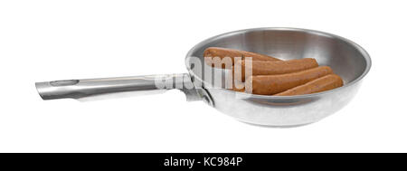 Several cheddar cheese and jalapeno pepper sausages in a stainless steel frying pan isolated on a white background. Stock Photo