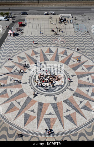 LISBON, Portugal, April 6, 2017 : The compass rose and mappa mundi, gift from the Republic of South Africa, on the square in front of Padrao dos Desco Stock Photo