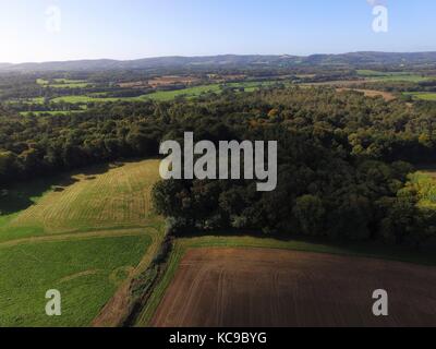 Drone still image at a height of 350ft of the Sussex countryside during late Summer. Stock Photo
