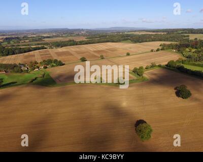 Drone still image at a height of 350ft of the Sussex countryside during late Summer. Stock Photo