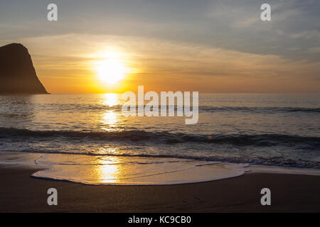 Sunset at Unstad Beach, the surfers paradise in Lofoten Islands, Norway Stock Photo