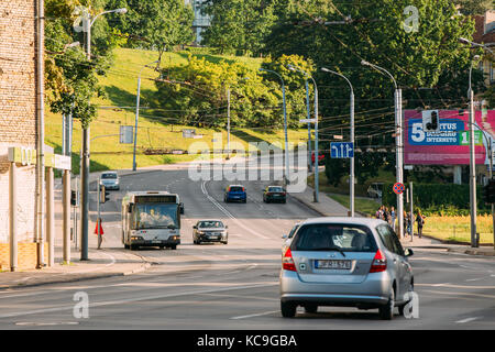 Vilnius, Lithuania - July 7, 2016: Traffic On V. Kudirkos Street In Summer Evening. Stock Photo