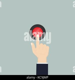 Hand pressing the red button.Human hand with Nuke button.Stop the world war III concept.Vector illustration. Stock Vector