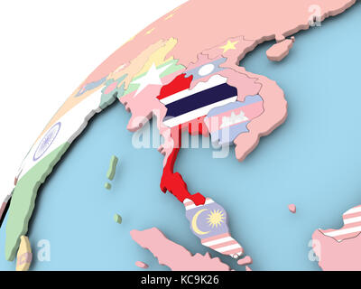 Map of Thailand with embedded flag on planet surface. 3D illustration ...