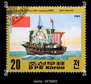 Postage stamp from North Korea depicting old sailing ship The Colourful Cow, Hamburg 1402. Stock Photo