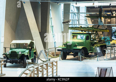 Minsk, Belarus - December 20, 2015: Soviet four-wheel drive Army Truck GAZ-67 and Katyusha multiple rocket launchers BM-13N on Lend-Lease Studebaker t Stock Photo