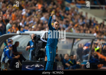 Nicosia, Cyprus - Semptember 26, 2017: Coach of APOEL Giorgos Donis during the UEFA Champions League game between APOEL VS Tottenham Hotspur Stock Photo