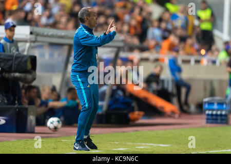 Nicosia, Cyprus - Semptember 26, 2017: Coach of APOEL Giorgos Donis during the UEFA Champions League game between APOEL VS Tottenham Hotspur Stock Photo