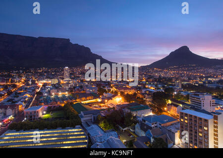 View of Table Mountain and Lion’s Head at sunset, Cape Town, Western Cape, South Africa Stock Photo