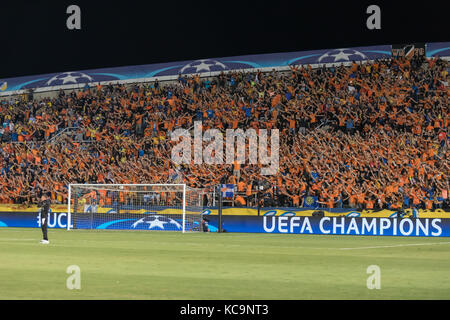 Nicosia, Cyprus - Semptember 26, 2017: Fans of APOEL during the UEFA Champions League game between APOEL VS Tottenham Hotspur Stock Photo