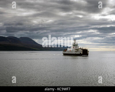 The Isle of Arran Caledonian MacBrayne (CalMac) ferry from Lochranza arriving at Claonaig on the Kintyre peninsula, Scotland Stock Photo