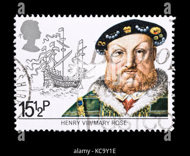 Postage stamp from Great Britain depicting Henry VIII and his flagship the Mary Rose. Stock Photo