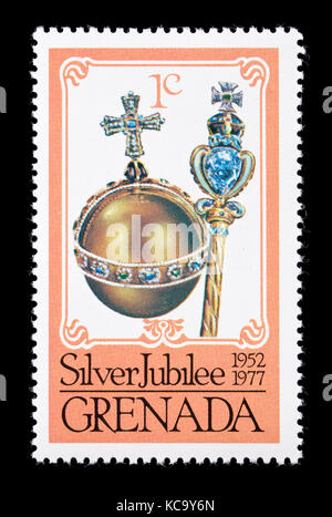 Postage stamp from Grenada depicting an orb and scepter, silver anniversary of the coronation of Queen Elizabeth II. Stock Photo