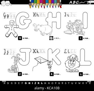 Black and White Cartoon Illustration of Capital Letters Alphabet Educational Set for Reading and Writing Learning for Children from G to L Coloring Bo Stock Vector