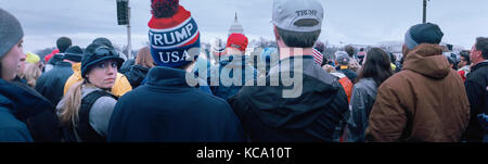 Jan 20, 2017. Large crowd of Donald Trump supporters reacting to Inaugural speech at National Mall, West Side of US Capitol. Stock Photo