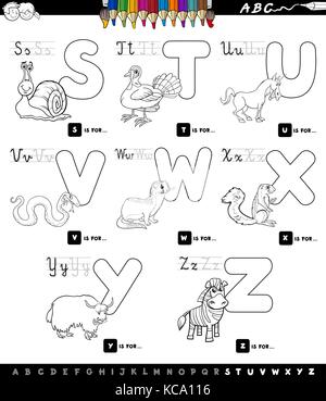 Black and White Cartoon Illustration of Capital Letters Alphabet Set with Animal Characters for Reading and Writing Education for Children from S to Z Stock Vector