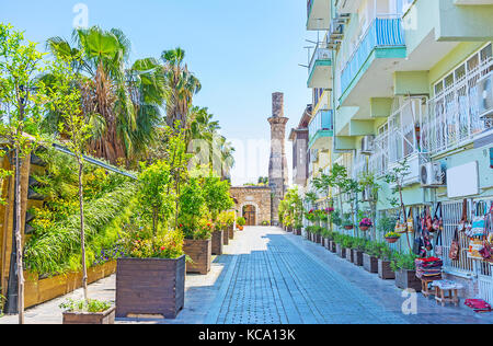 The wall garden in old street of Kaleici with a view on Kesik Minare Mosque (Broken Minaret) on the distance, Antalya, Turkey. Stock Photo