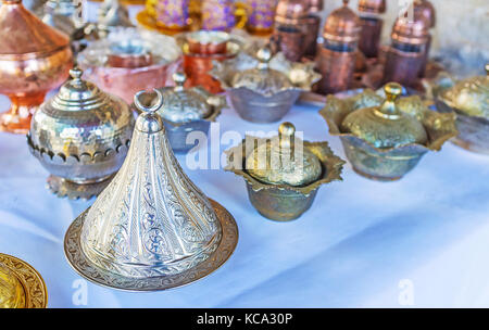 Turkish Delight serving dishes and beautiful sugar bowls, Turkish tea and coffee sets in store of metalwork market of Antalya, Turkey. Stock Photo