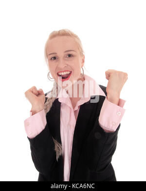 A beautiful young blond businesswoman standing in a black jacket and pink blouse with braided blond hair, isolated for white background Stock Photo