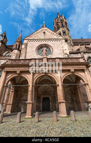 City of Freiburg, Germany. Picturesque view of the southern porch entrance to the, medieval, Freiburg Minster. Stock Photo