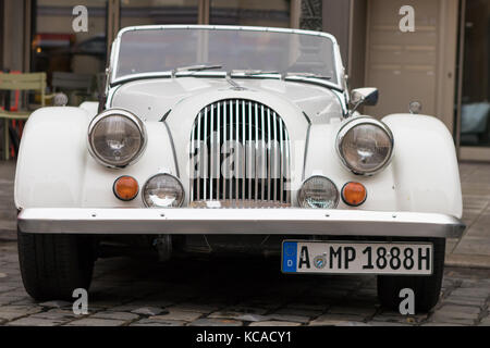 Augsburg, Germany - October 1, 2017: Morgan oldtimer car at the Fuggerstadt Classic 2017 Oldtimer Rallye on October 1, 2017 in Augsburg, Germany. Stock Photo