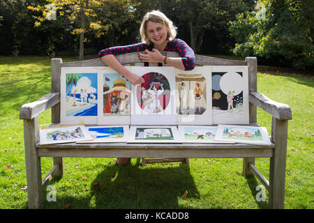 Bromley, UK. 3rd October, 2017. Auctioneer Catherine Southon poses with cartoons by Smilby (Francis Wilford-Smith, 1927-2009), one of the most successful cartoonists of his day and best known for his work for Playboy and Punch. Part 1 of the Smilby Cartoon Collection will be auctioned by Catherine Southon Auctioneers & Valuers on 1st November 2017. Credit: Mark Kerrison/Alamy Live News Stock Photo