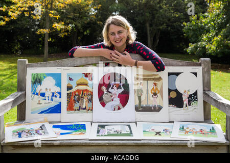 Bromley, UK. 3rd October, 2017. Auctioneer Catherine Southon poses with cartoons by Smilby (Francis Wilford-Smith, 1927-2009), one of the most successful cartoonists of his day and best known for his work for Playboy and Punch. Part 1 of the Smilby Cartoon Collection will be auctioned by Catherine Southon Auctioneers & Valuers on 1st November 2017. Credit: Mark Kerrison/Alamy Live News Stock Photo