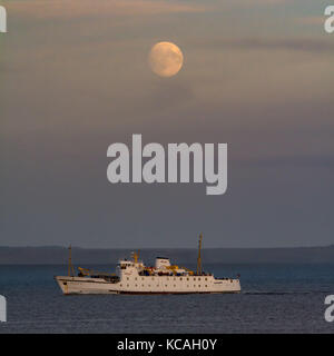 Mousehole, Cornwall, UK. 3rd Oct, 2017. UK Weather. It was a fine end to the day at Mousehole in the far south west of Cornwall, with a nearly full Harvest Moon. Seen here the Scilonian ferry on its way back from the Scilly isles to Penzance. Credit: Simon Maycock/Alamy Live News Stock Photo