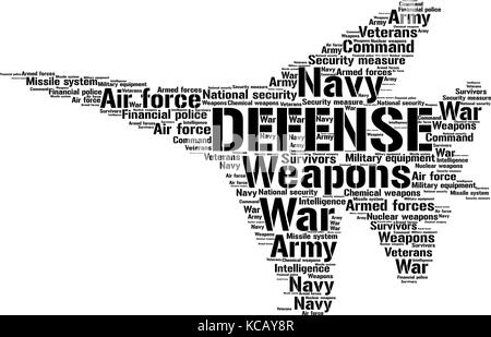 Words cloud, Defense concept made with military plane shape and tags on white background. Stock Vector