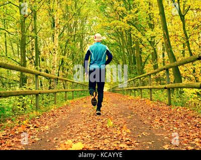 Sportsman in blue t-shirt and black trousers run on road. The man is slowly running on asphalt way covered by autumn leaves. Pathway in park, beeches  Stock Photo