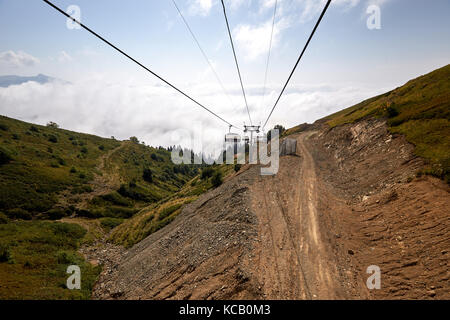 Rope Way View View from top of ropeway with multiple seats and stretched cables above ...