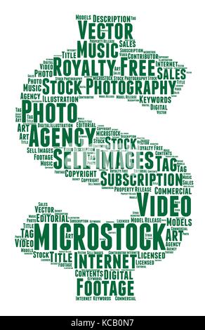 Words cloud, Microstock concept made with dollar shape and tags on white background. Stock Vector