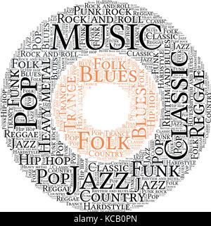 Words cloud, Music concept made with disk shape and tags on white background. Stock Vector