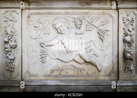 Ornaments, mouldings, gargoyle, low reliefs in a sandstone, granite, concrete. sculpting details in Gdansk (Danzig).  Mariacka street (Mariengasse) an Stock Photo