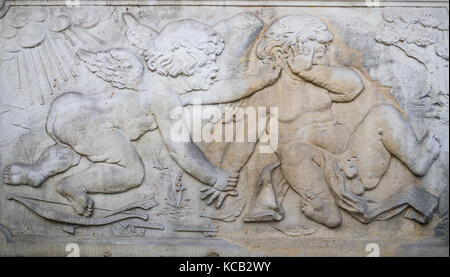 Ornaments, mouldings, gargoyle, low reliefs in a sandstone, granite, concrete. sculpting details in Gdansk (Danzig).  Mariacka street (Mariengasse) an Stock Photo